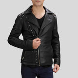 Men's black studded motorcycle jacket with quilted sleeves, front view