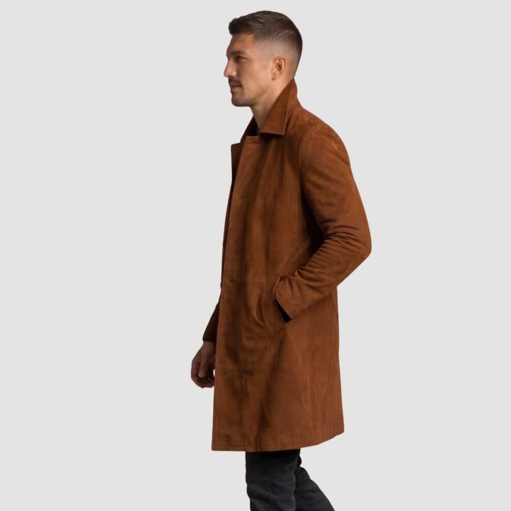 Side profile of men's suede coat showing tailored fit