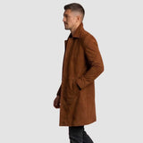 Side profile of men's suede coat showing tailored fit