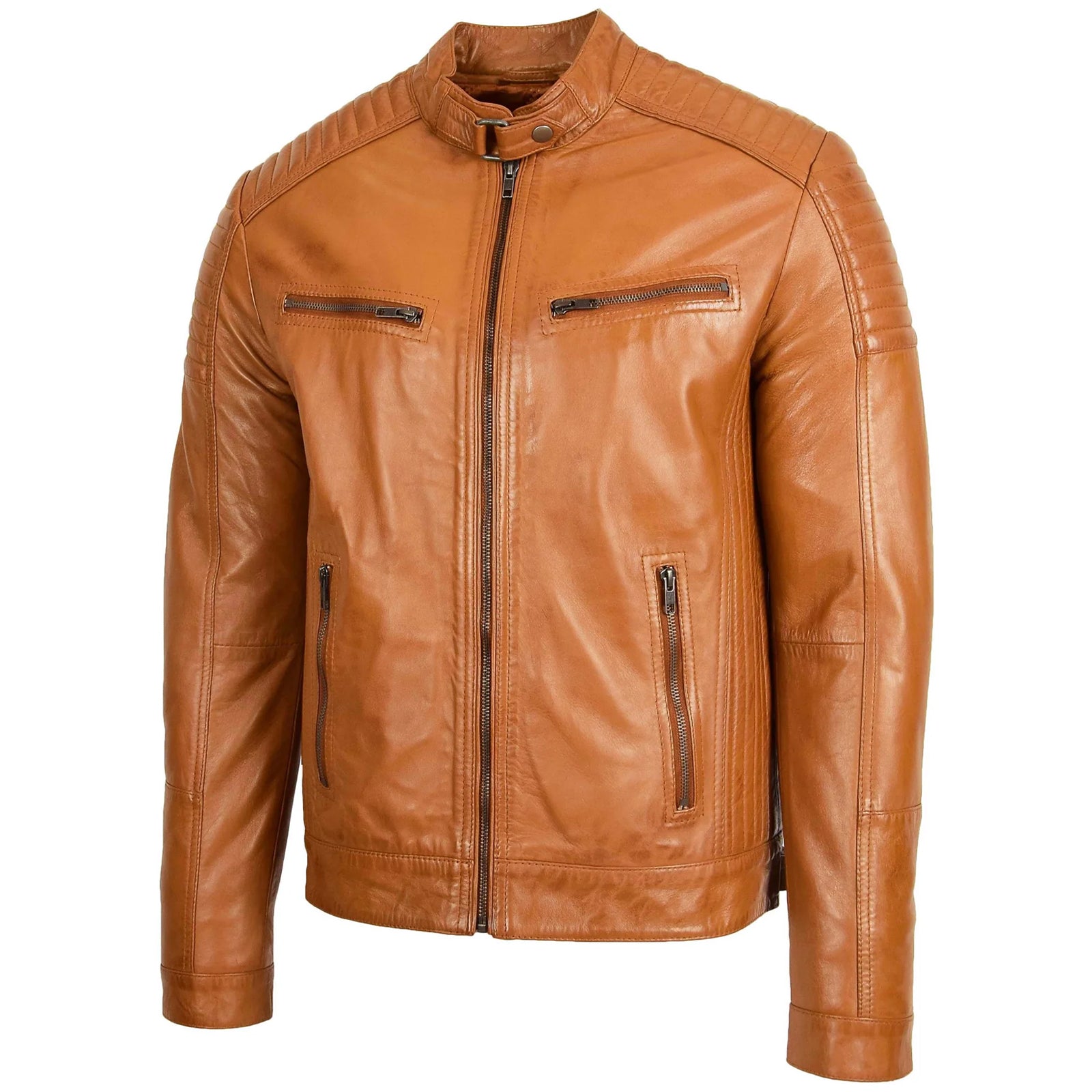 Men's Tan Sheep Nappa Leather Cafe Racer Biker Jacket – Ron