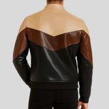 Back view of men's color-block leather bomber jacket