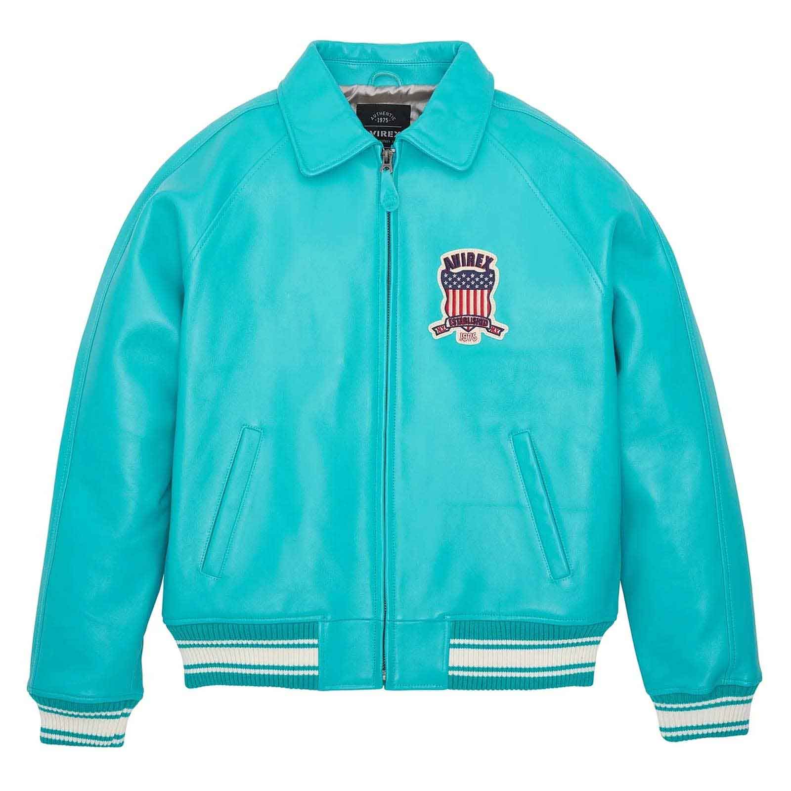 Turquoise jacket with a logo on a white background