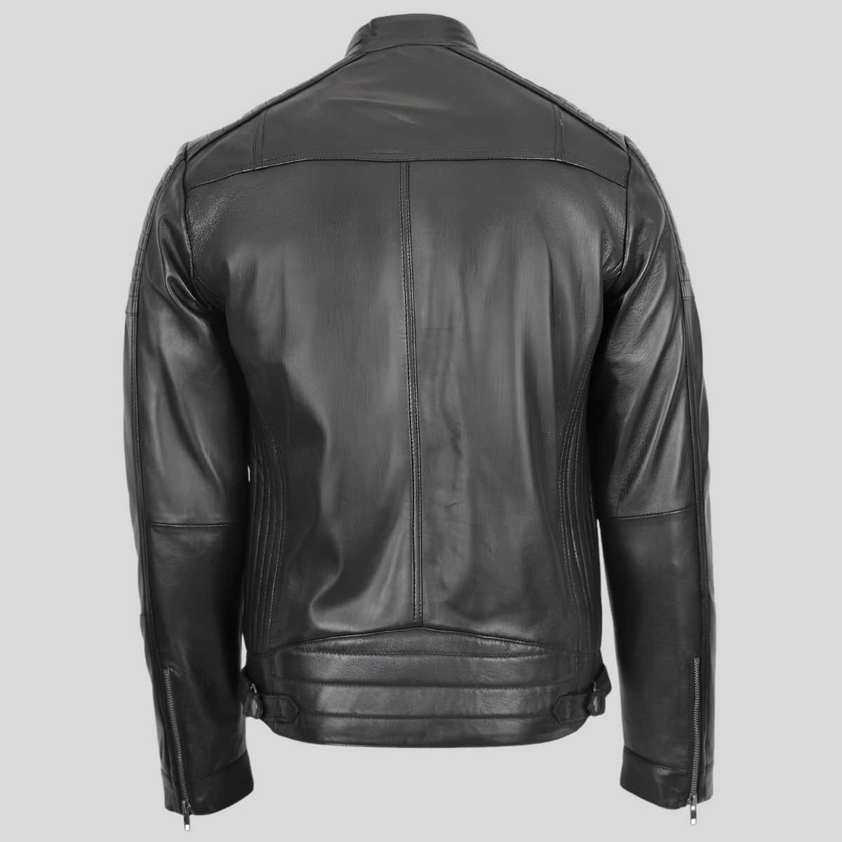 Back view of men's black leather cafe racer jacket