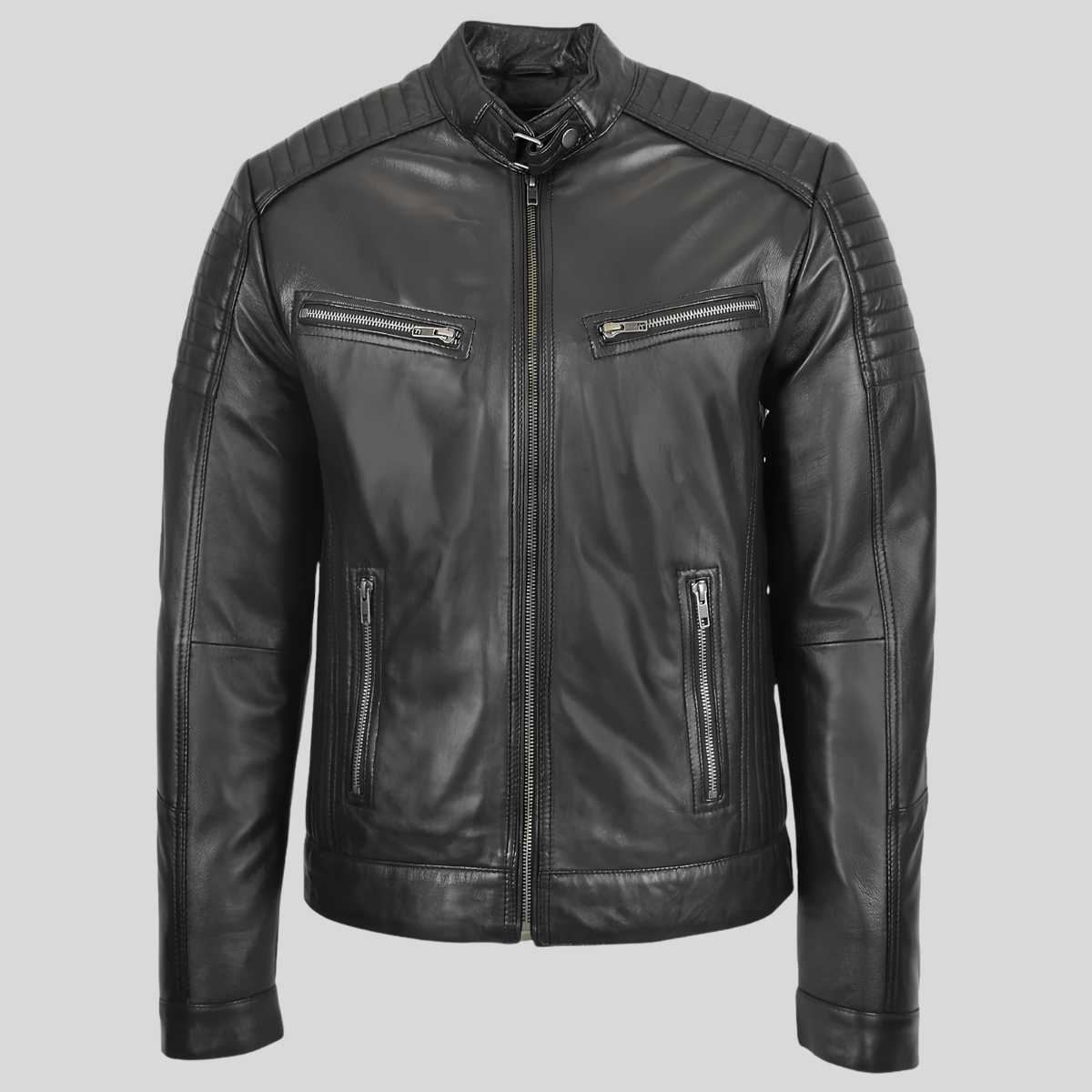 Vintage cafe racer leather jacket for men with quilted shoulders, front view