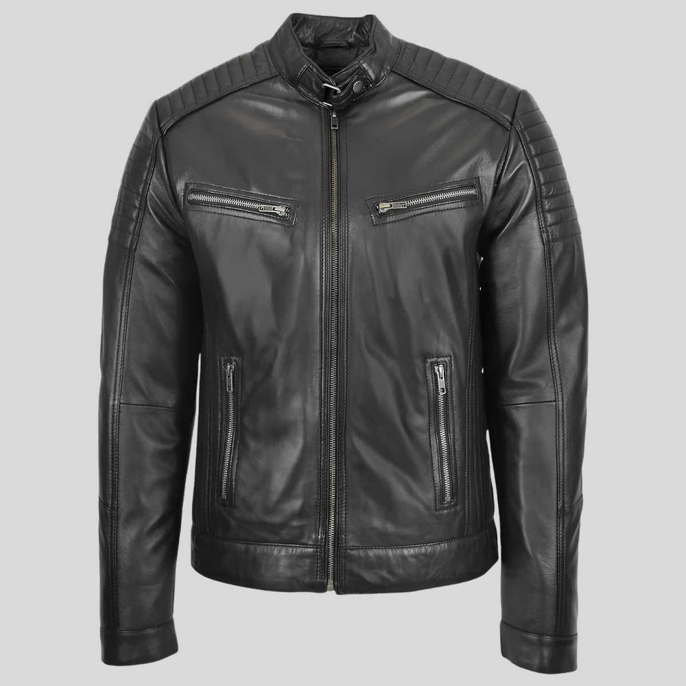 Vintage cafe racer leather jacket for men with quilted shoulders, front view
