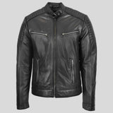 Vintage cafe racer leather jacket for men with quilted shoulders, front view