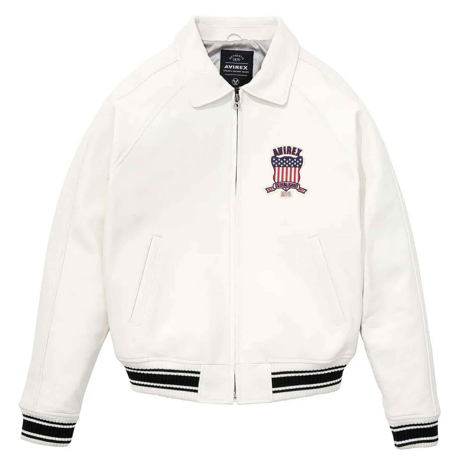 White jacket with black accents and a logo on a white background