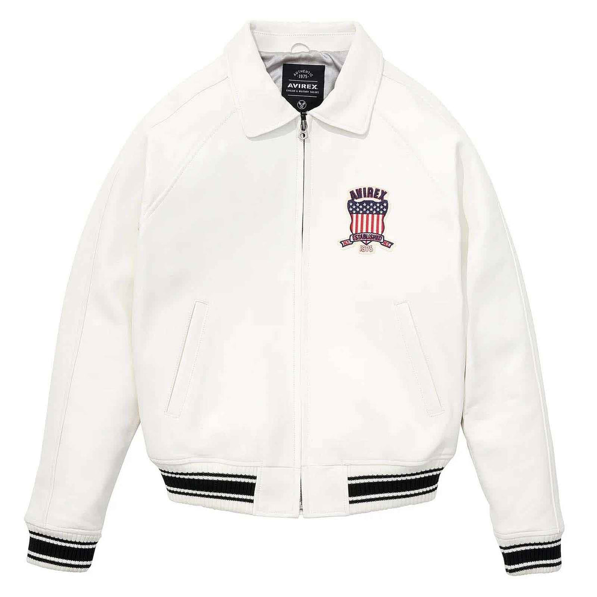 White jacket with black accents and a logo on a white background