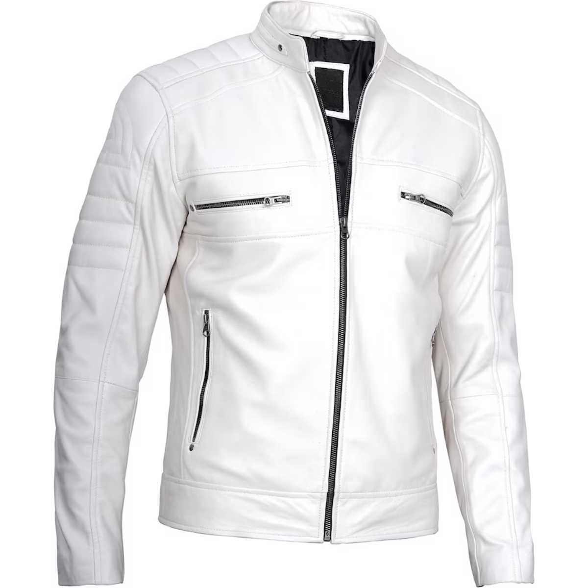 Side profile of men's white cafe racer jacket showing quilted shoulder