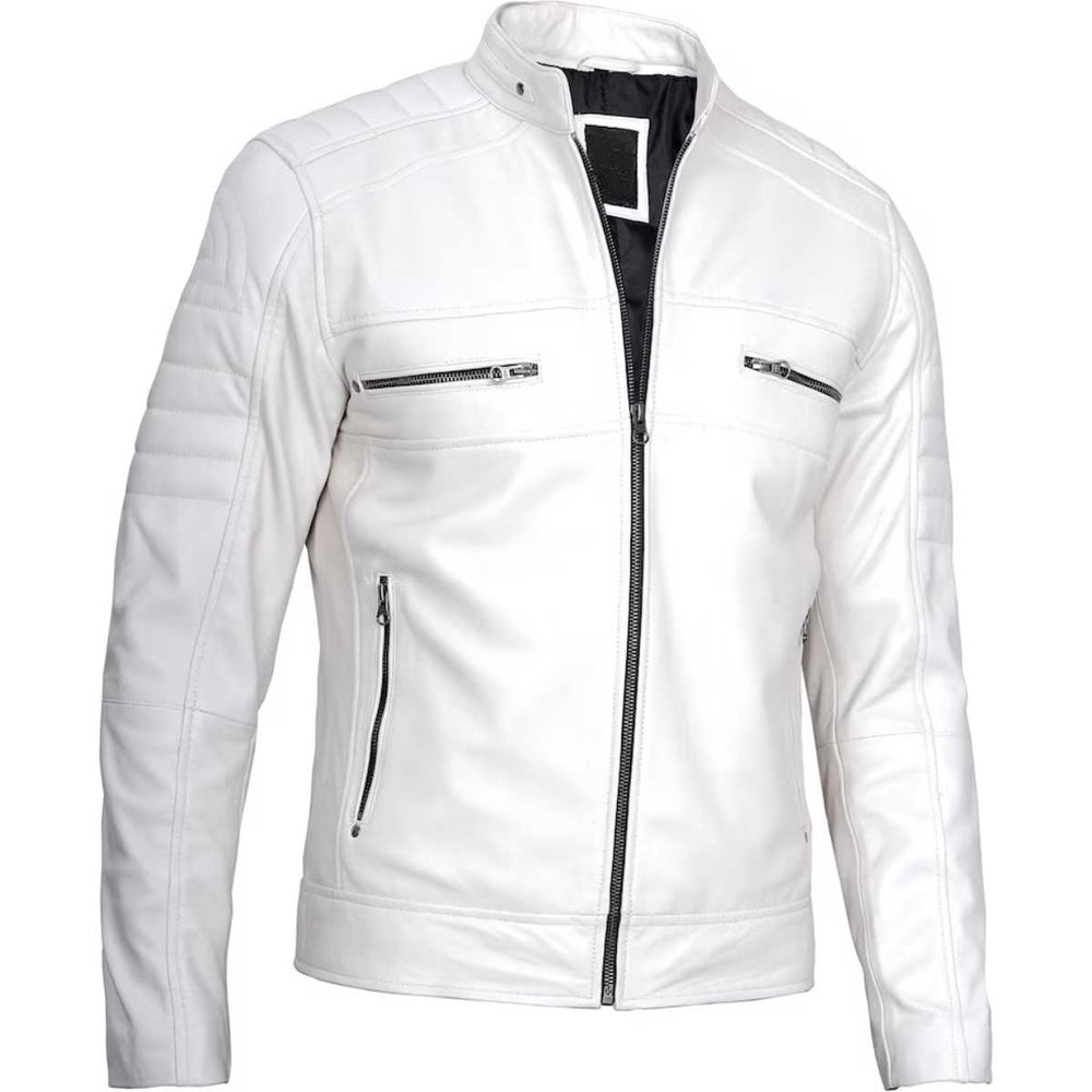 Side profile of men's white cafe racer jacket showing quilted shoulder