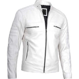 Side profile of men's white cafe racer jacket showing quilted shoulder