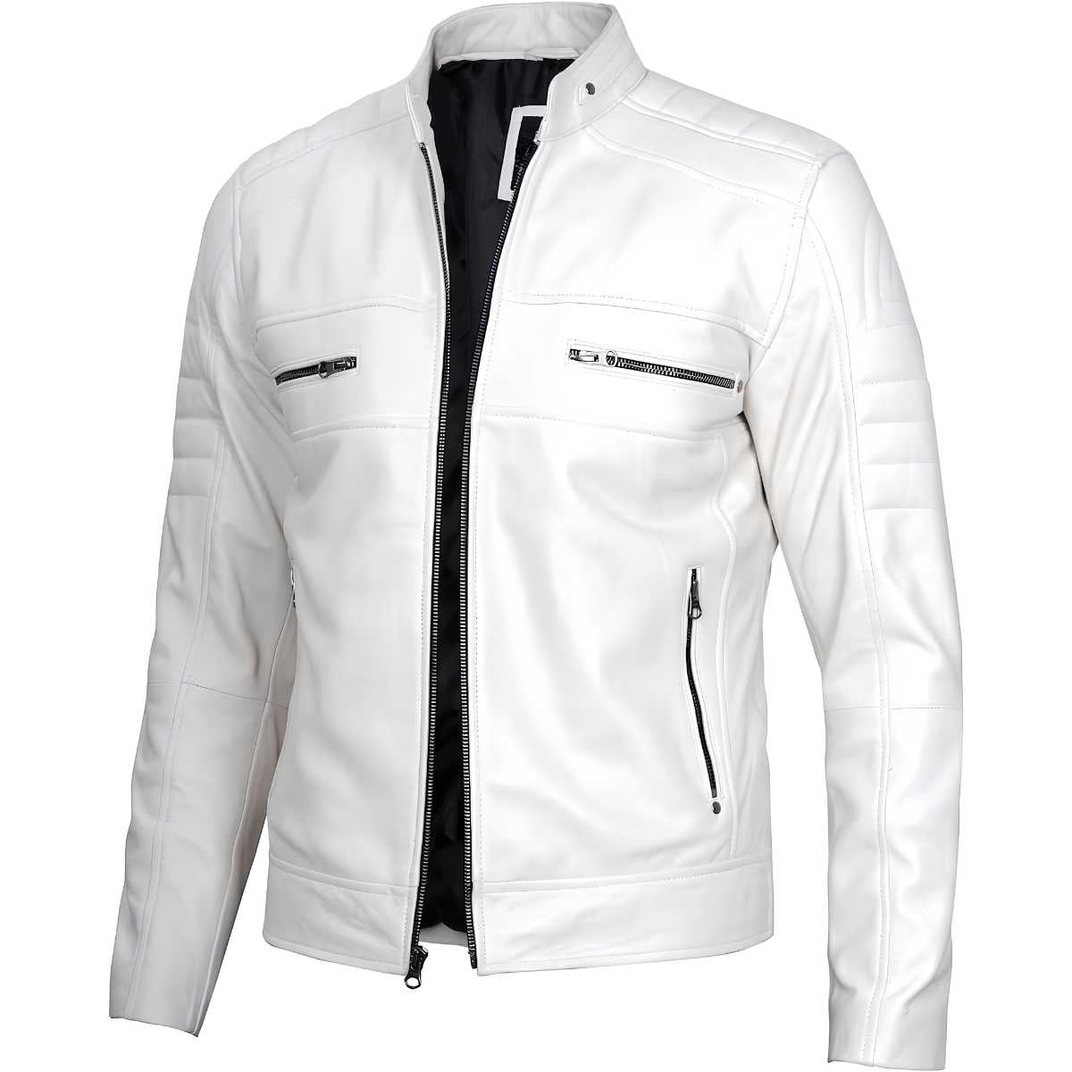 Side profile of men's white cafe racer jacket showing quilted shoulder right side