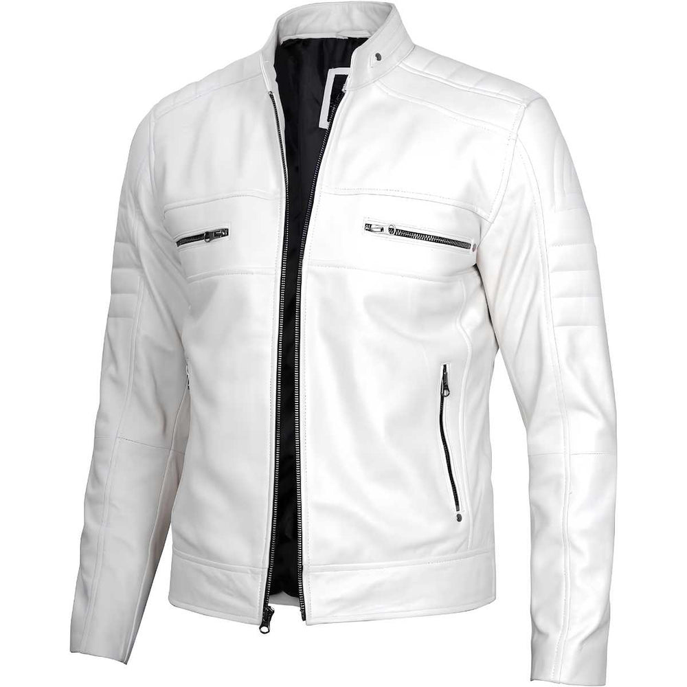 Side profile of men's white cafe racer jacket showing quilted shoulder right side