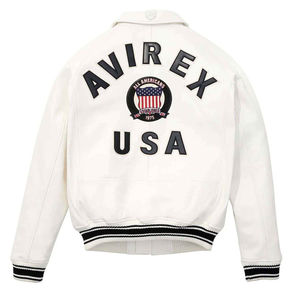 An off-white leather varsity jacket shown from the back, featuring 'AVIREX USA' and a circular 'U.S.