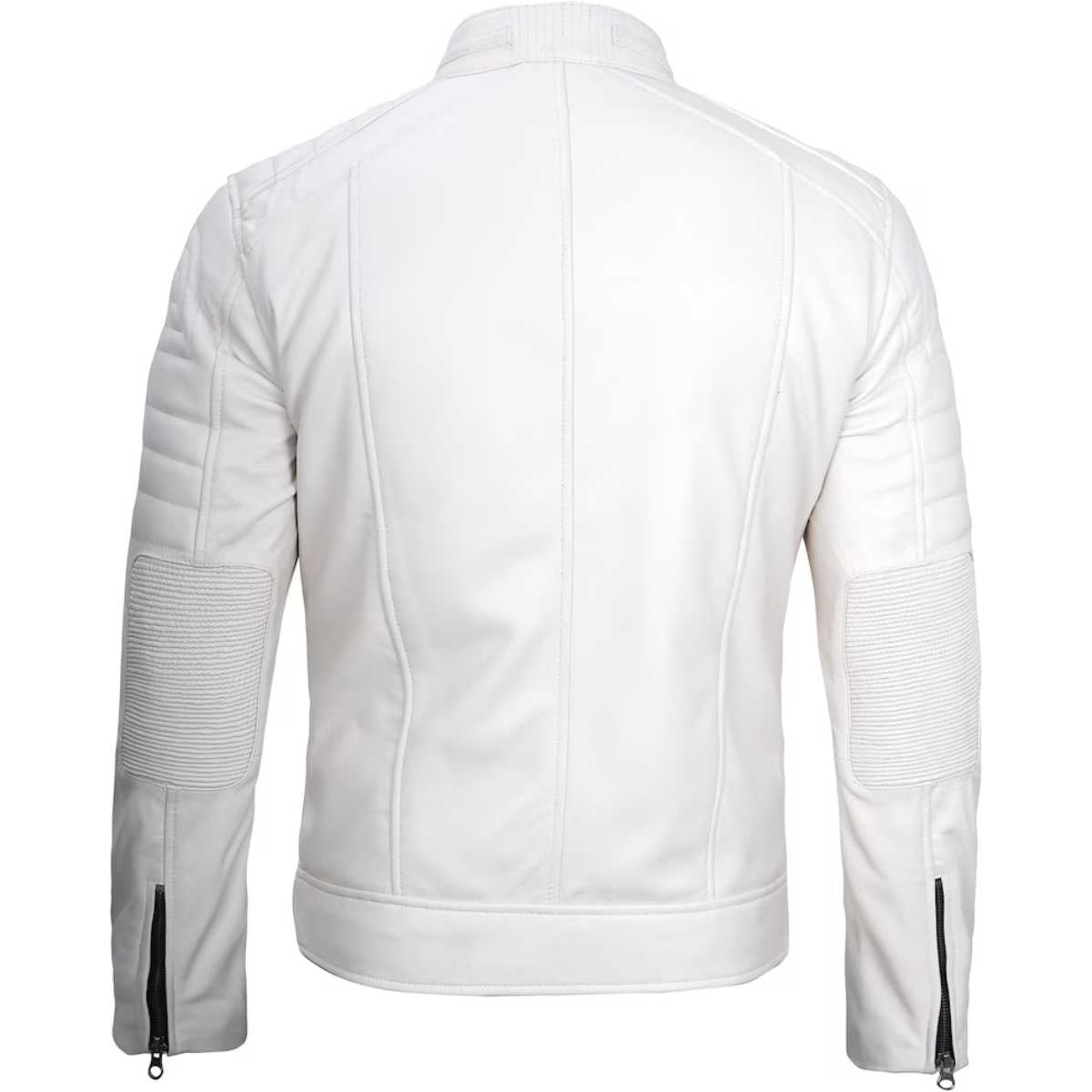 Back view of men's white leather cafe racer jacket