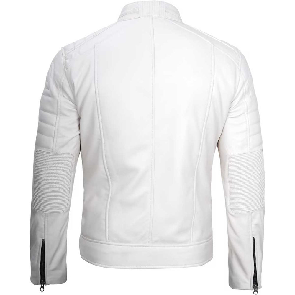Back view of men's white leather cafe racer jacket