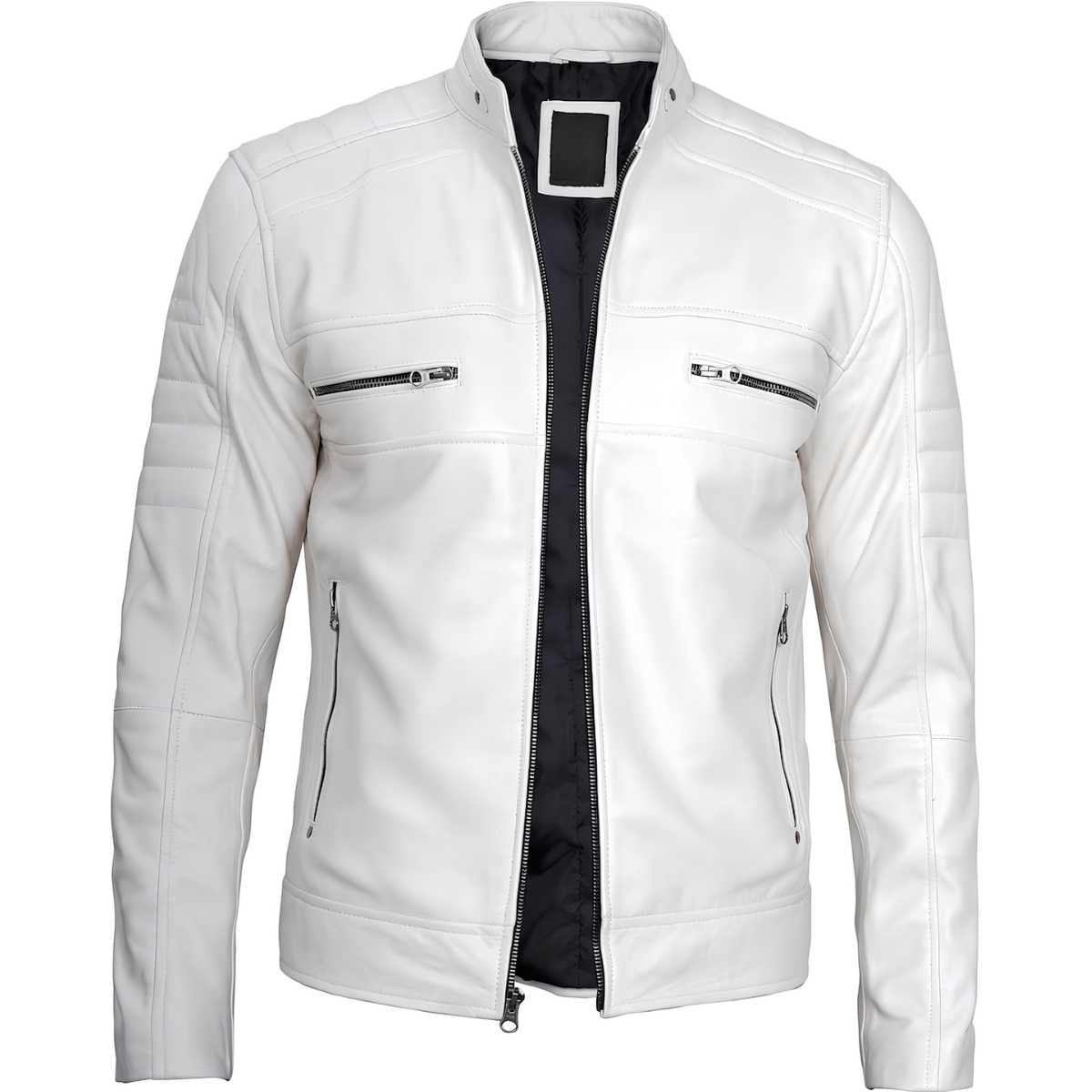 Premium white cafe racer leather jacket for men, front zipper view