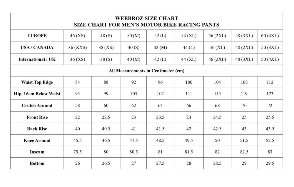 A size chart table titled 'ZARCAB SIZE CHART' for men's motorcycle bike racing pants, showing measurements in centimeters for Europe, USA/Canada, and International/UK sizes from XS to 4XL.