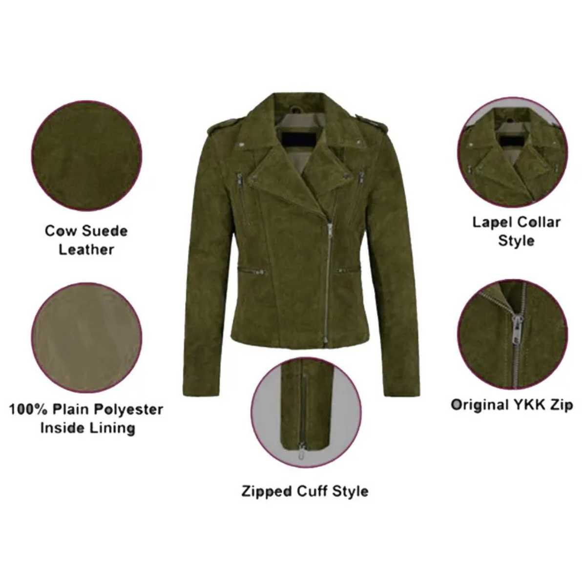 An olive green faux-suede motorcycle jacket centered on a white background, surrounded by five circular detail callouts with text labels: 'Cow Suede Leather,' 'Lapel Collar Style,' '100% Plain Polyester Inside Lining,' 'Original YKK Zip,' and 'Zipped Cuff Style.'.
