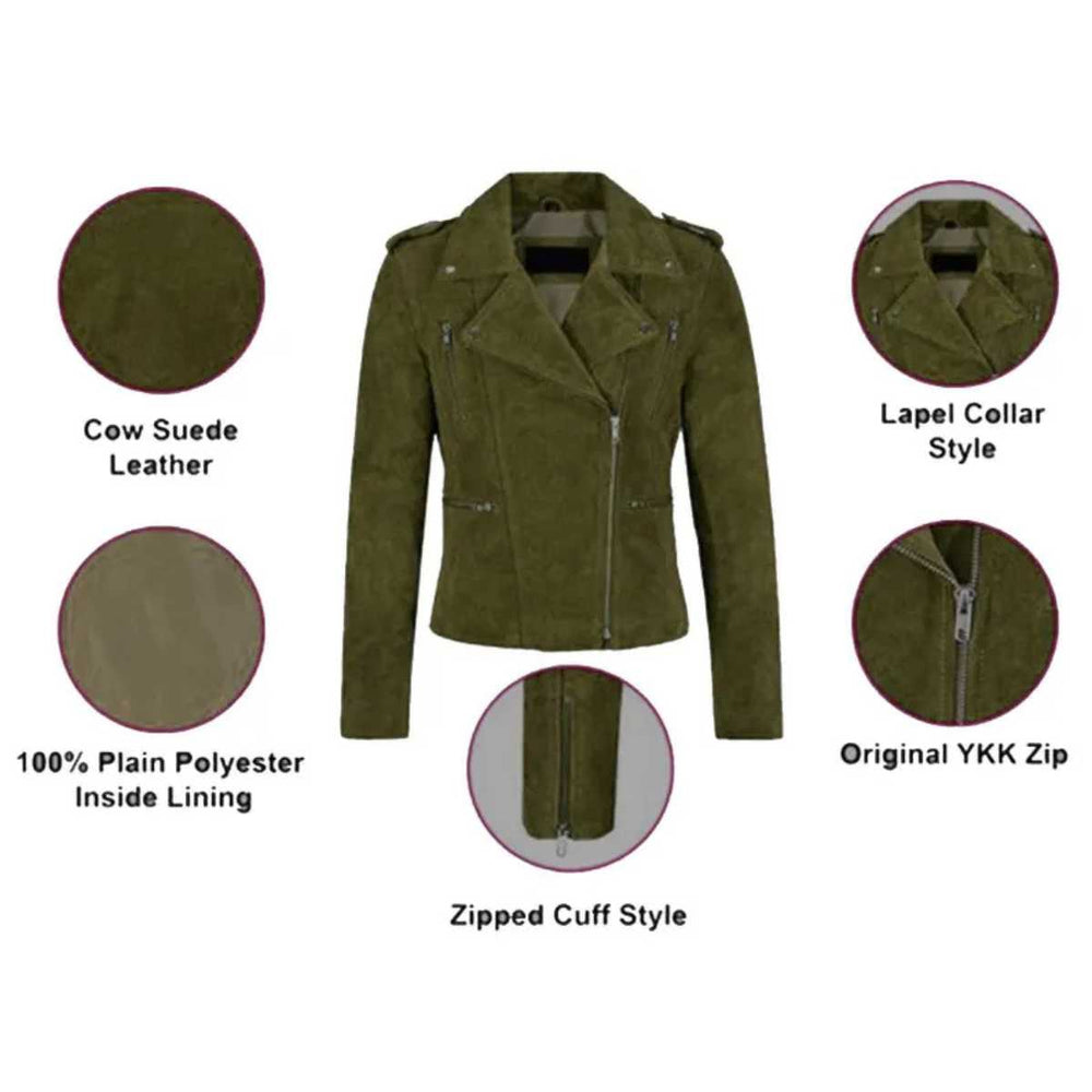 An olive green faux-suede motorcycle jacket centered on a white background, surrounded by five circular detail callouts with text labels: 'Cow Suede Leather,' 'Lapel Collar Style,' '100% Plain Polyester Inside Lining,' 'Original YKK Zip,' and 'Zipped Cuff Style.'.