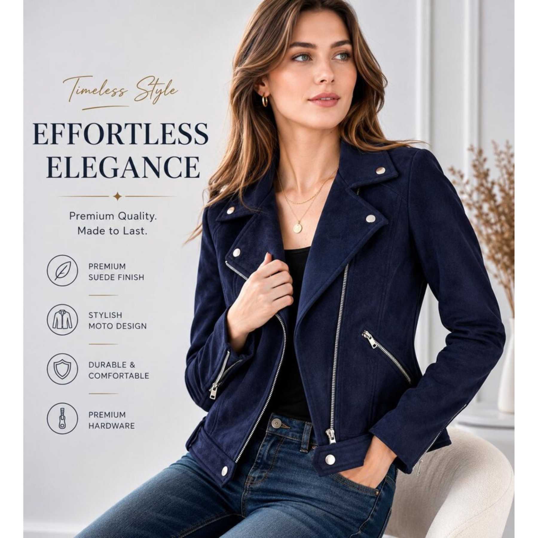 A woman models a navy blue moto-style leather jacket with silver hardware, paired with dark jeans and a black top. The image features promotional text on the left highlighting 'Timeless Style' and 'EFFORTLESS ELEGANCE' along with product features like premium suede finish and stylish moto design.