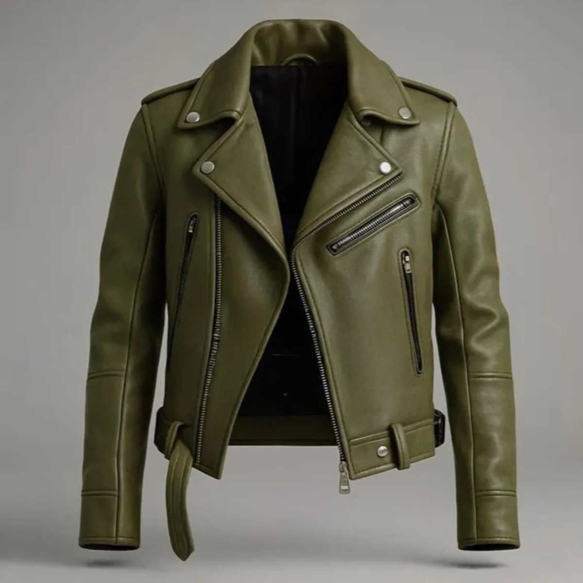 Side profile of men's green leather biker jacket showing waist belt