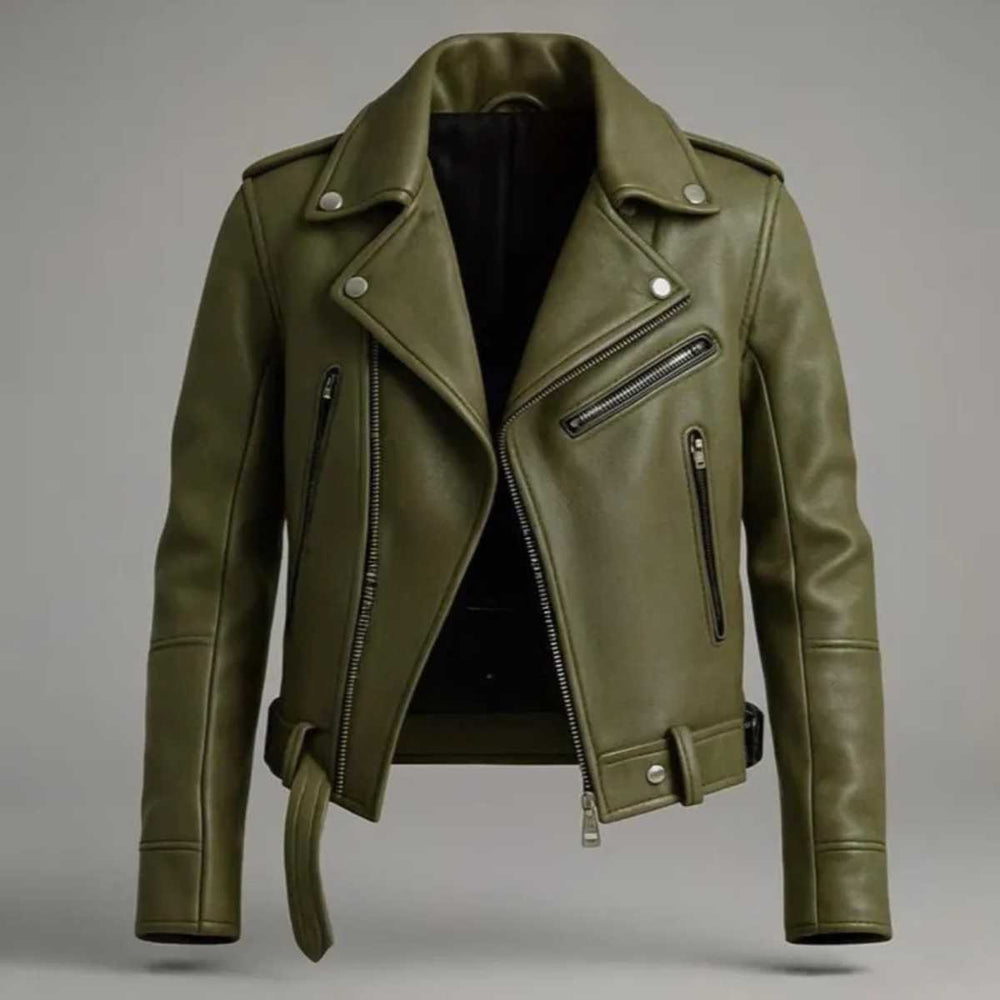 Side profile of men's green leather biker jacket showing waist belt