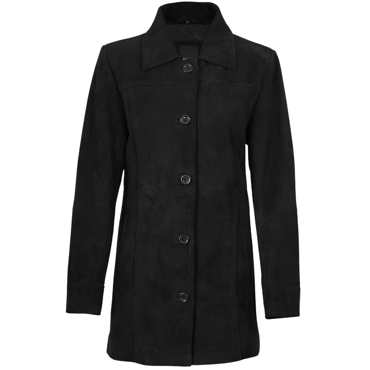 Women's black suede jacket with notch lapel, front view