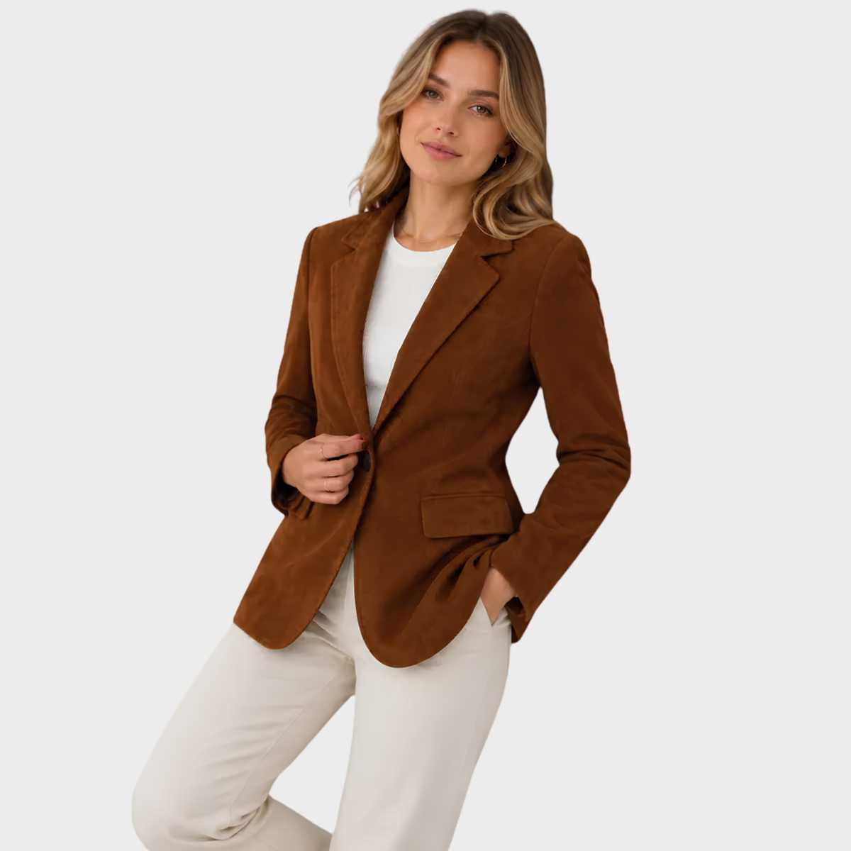 A woman modeling a brown suede-textured blazer over a white top and white pants, photographed against a clean light gray studio background.