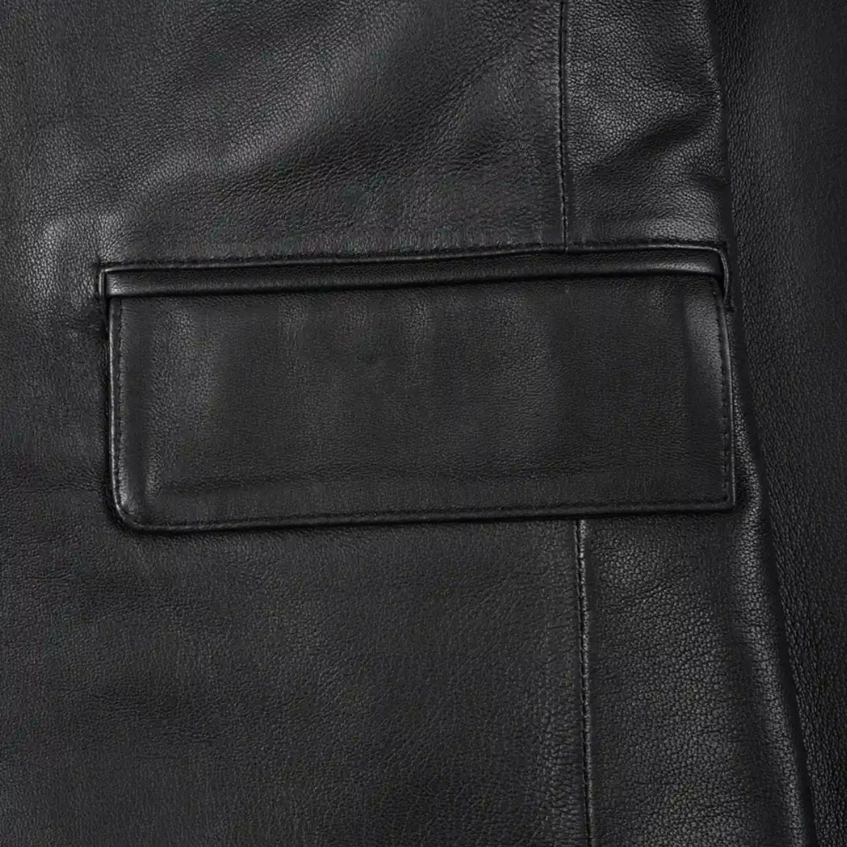 Close-up of a black leather jacket showing a rectangular flap pocket with a stitched border and pebbled leather texture.