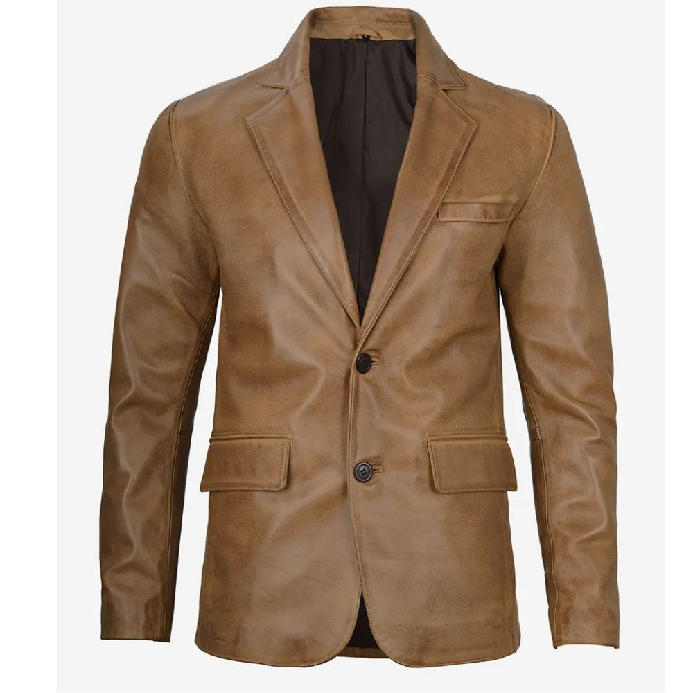 Men's camel colored leather blazer with notch lapel, front view
