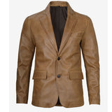 Men's camel colored leather blazer with notch lapel, front view
