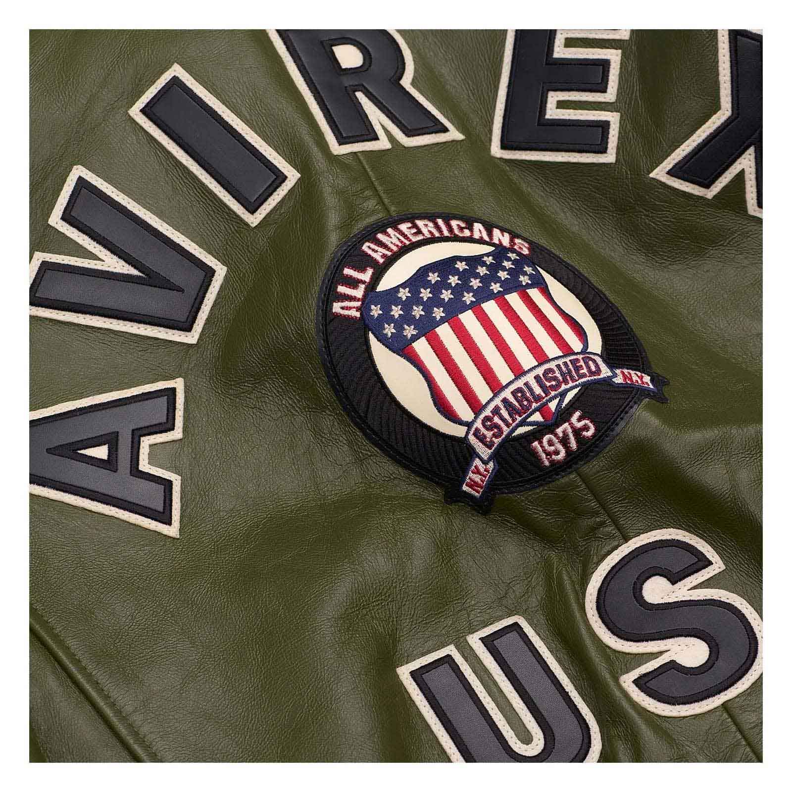 Green leather jacket with 'All Americans' patch featuring an American flag on a white background