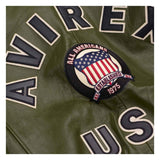 Green leather jacket with 'All Americans' patch featuring an American flag on a white background