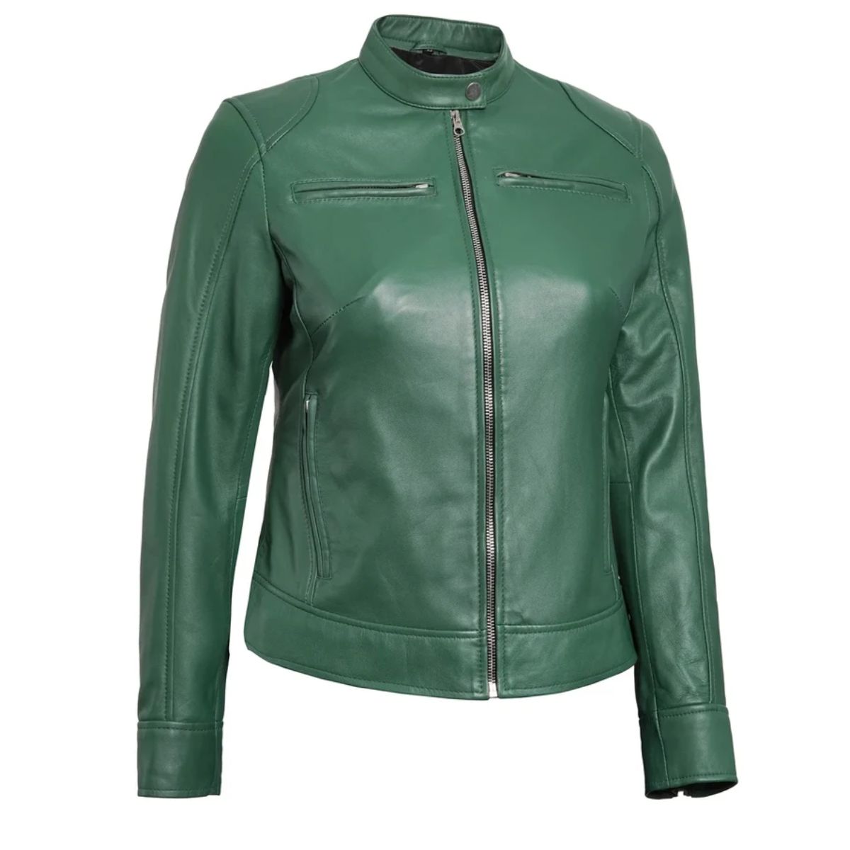 A green faux leather motorcycle jacket with a stand collar, front zipper, and zippered chest pockets, shown on a plain white background.