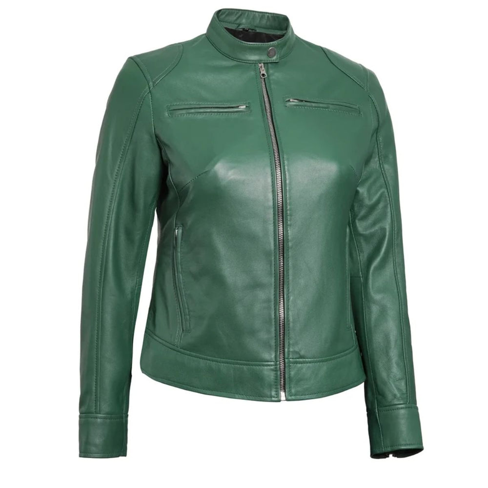 A green faux leather motorcycle jacket with a stand collar, front zipper, and zippered chest pockets, shown on a plain white background.