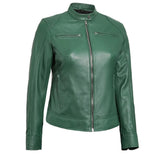 A green faux leather motorcycle jacket with a stand collar, front zipper, and zippered chest pockets, shown on a plain white background.