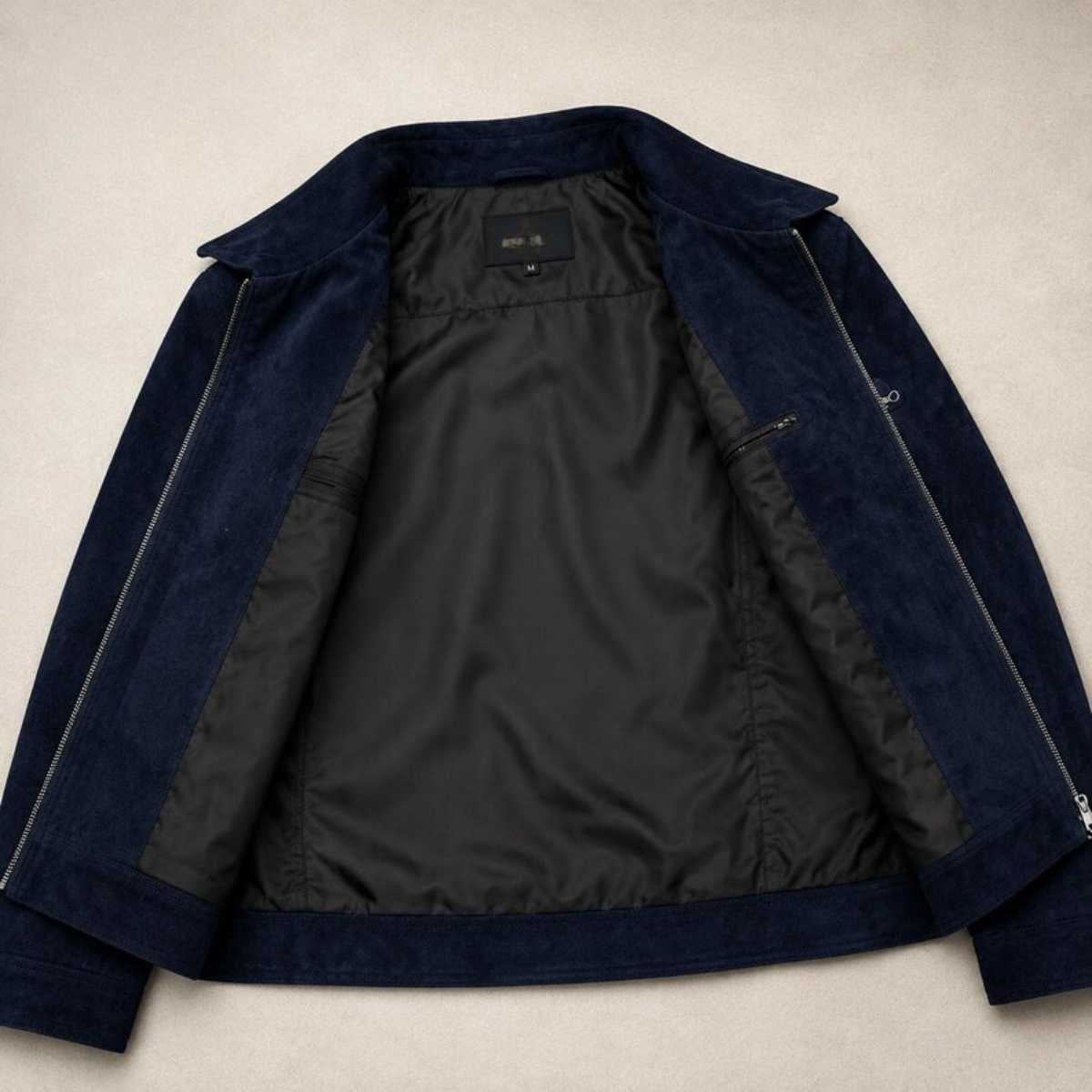 A dark navy blue jacket with a textured suede-like exterior and a black satin-like interior lining, laid flat on a light beige background.