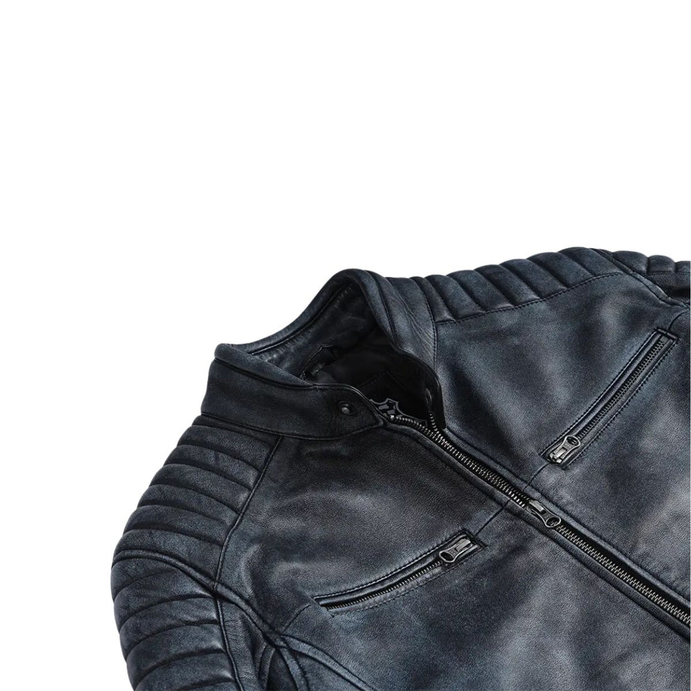 Close-up of a black leather jacket with ribbed shoulder panels, a stand collar, and a front zipper, shown on a plain white background.