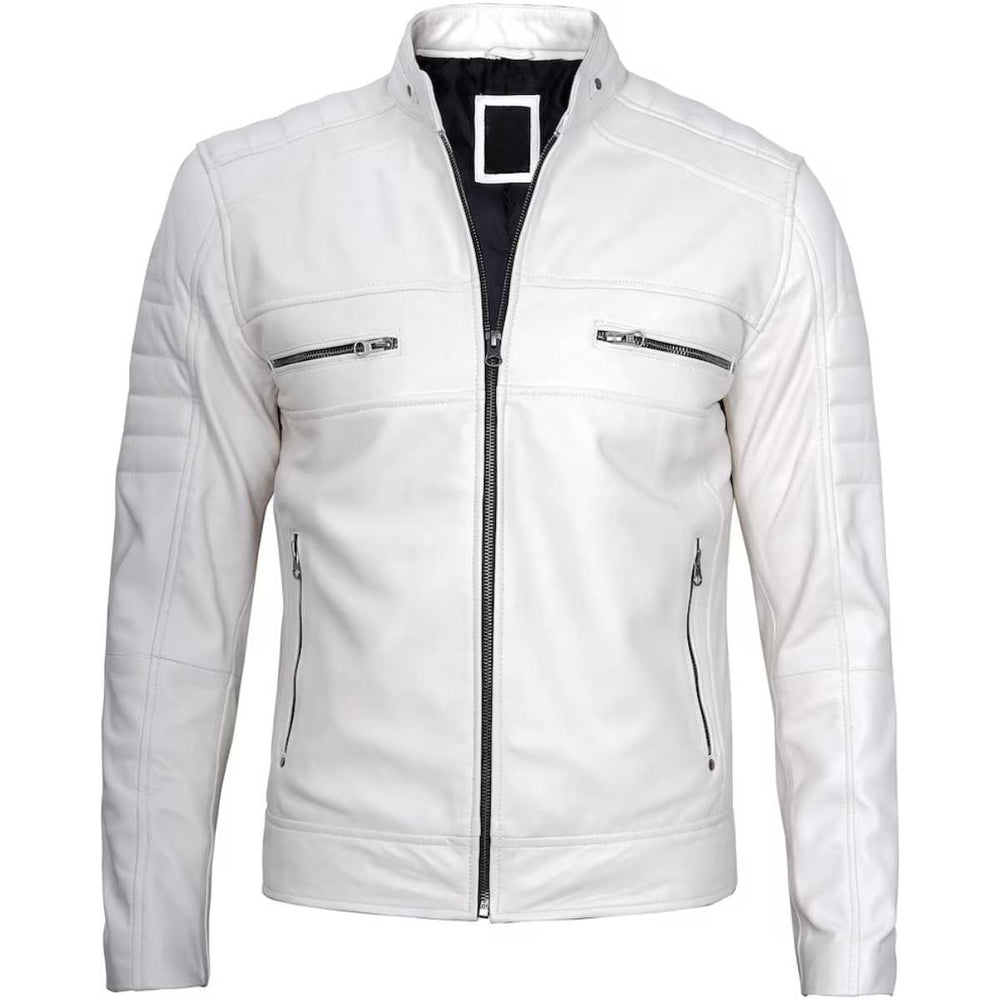 Premium white cafe racer leather jacket for men, front view