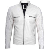 Premium white cafe racer leather jacket for men, front view