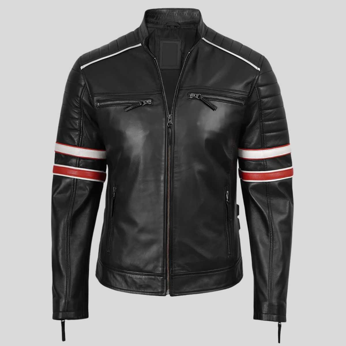 Black leather motorcycle jacket with white and red stripe details on the sleeves, shown on a solid gray background.