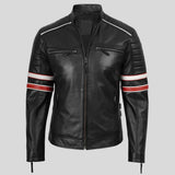 Black leather motorcycle jacket with white and red stripe details on the sleeves, shown on a solid gray background.