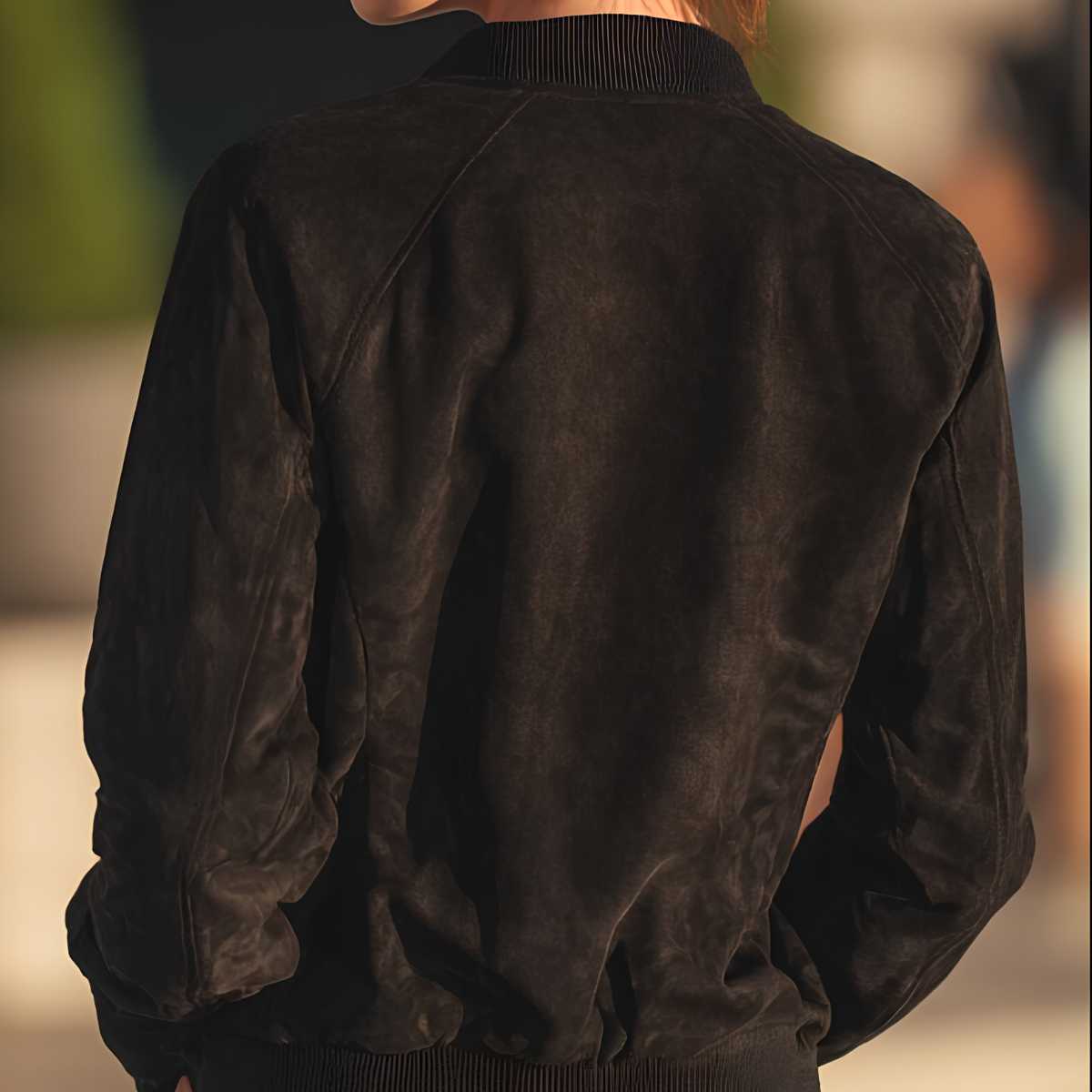 A close-up back view of a person wearing a dark brown suede or faux-suede bomber jacket with a ribbed collar and cuffs.