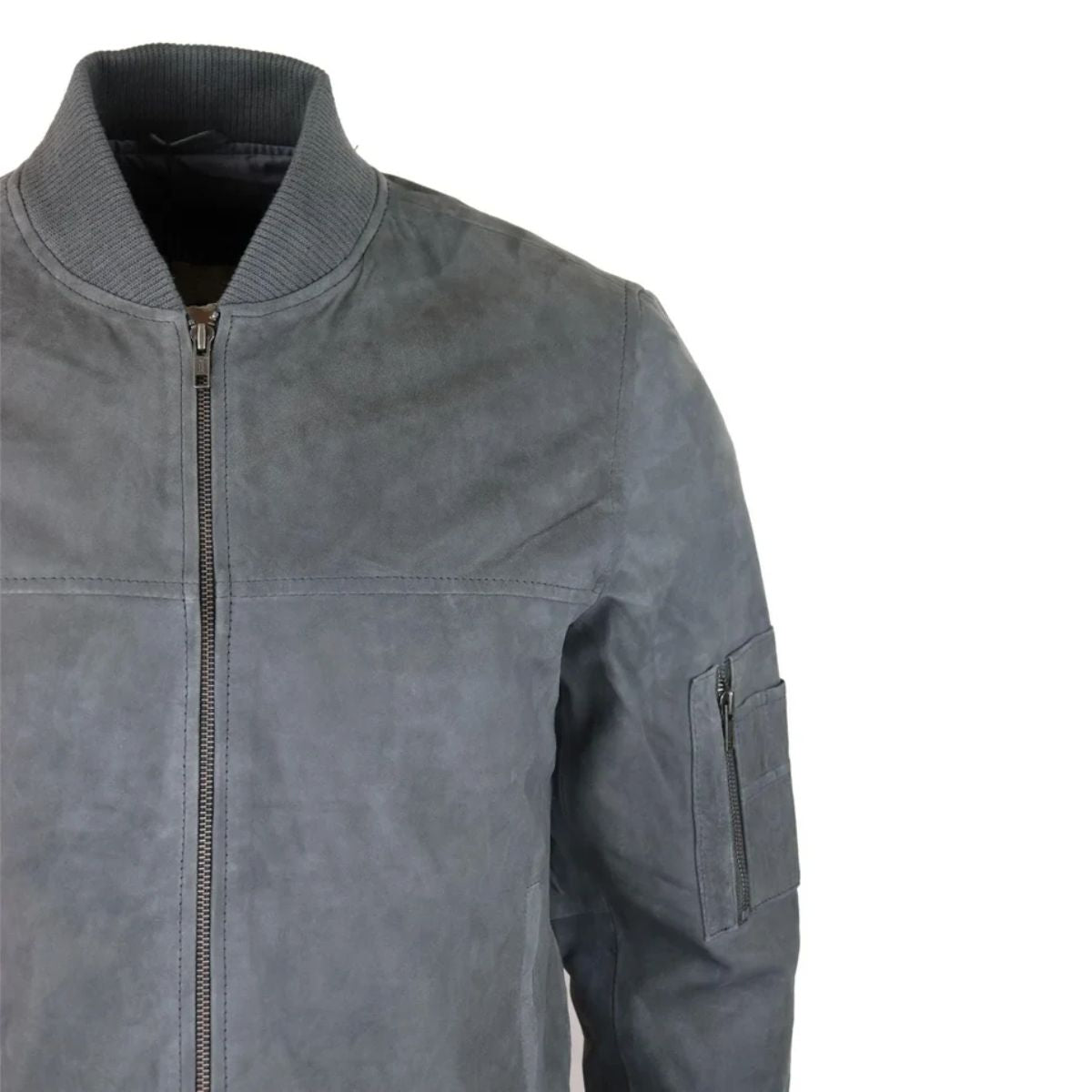 A gray suede or nubuck zip-up jacket with a ribbed mock neck collar and a zippered sleeve pocket, shown on a plain white background.