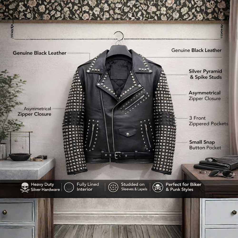 Men's black leather biker jacket with silver pyramid studs, front view