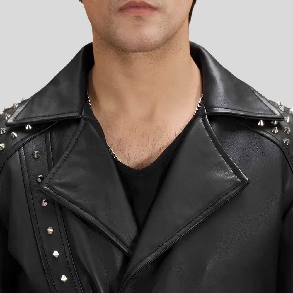 Close-up of silver studs and quilted sleeve detailing