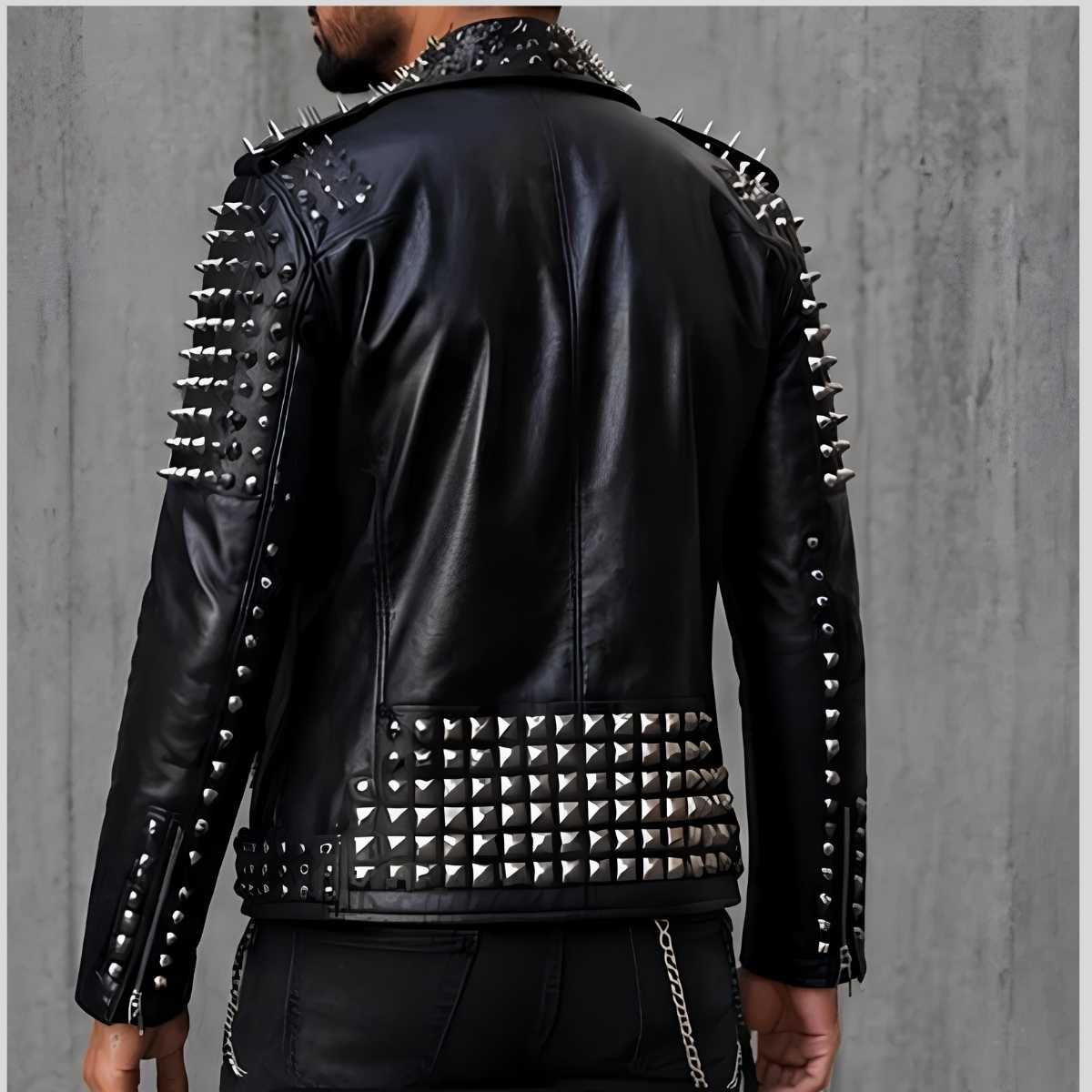 Man wearing black studded leather biker jacket back side