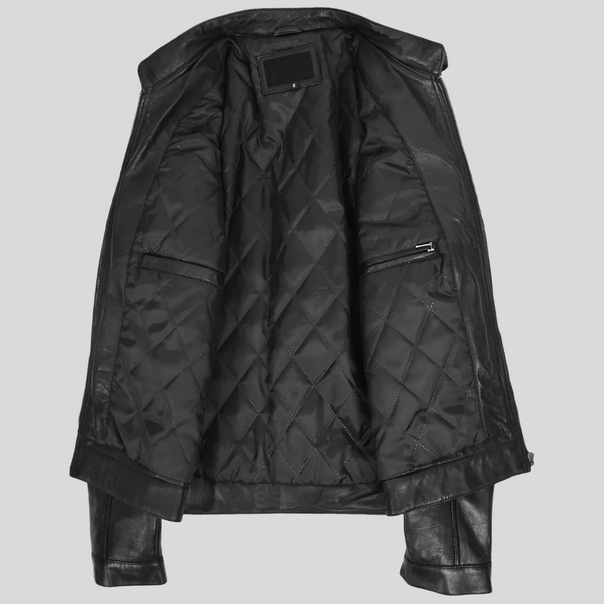 Black quilted leather jacket with diamond stitching, zippered pockets, and a smooth leather lapel, shown flat against a white background.