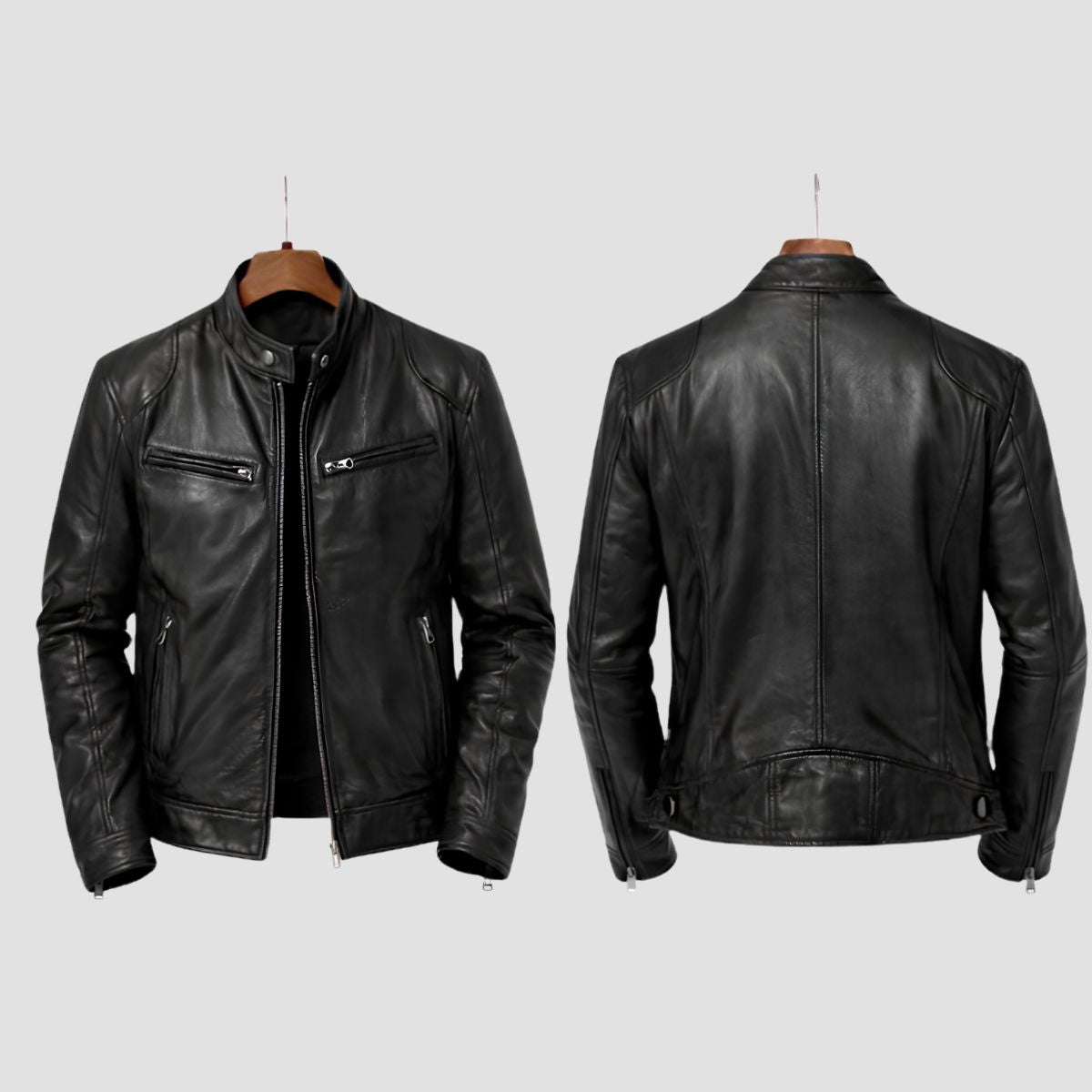 Black leather jacket shown from both front and back views on wooden hangers against a light gray background.